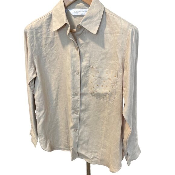 Vintage 90s Carlies Court Brown Linen Long Sleeve Button Down Shirt - Picture 1 of 10